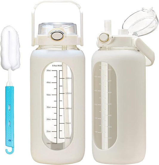 64oz Glass Water Bolttles with Straw Half Gallon Large Motivational Water Bottle with Time Marker Sports Water Bottles with Silicone Sleeve and Handle Lid Water Jug for Gym Workout