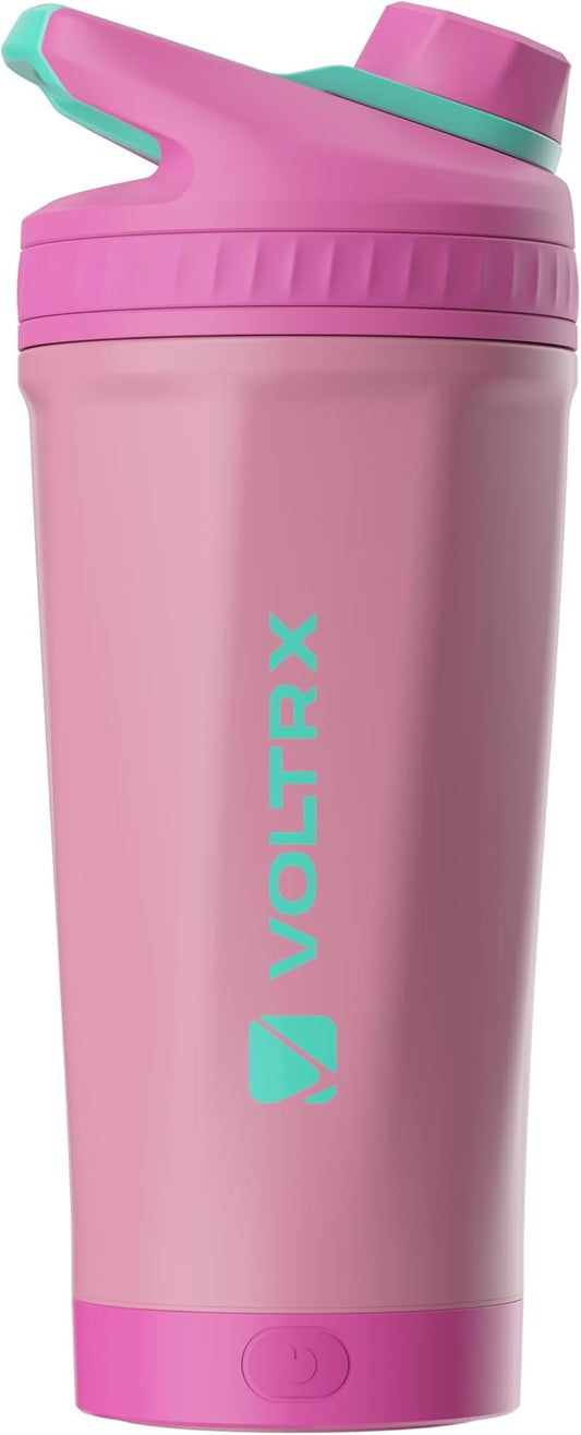 VOLTRX ChillMix Shaker Bottle Insulated Stainless Steel - USB C Rechargeable Electric Protein Shake Mixer, Shaker Cups for Protein Shakes and MealReplacement, Chrome Steel (Radiant Rose)