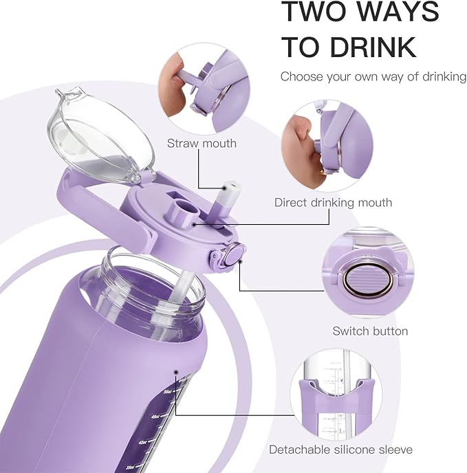 64oz Glass Water Bolttles with Straw Half Gallon Large Motivational Water Bottle with Time Marker Sports Water Bottles with Silicone Sleeve and Handle Lid Water Jug for Gym Workout