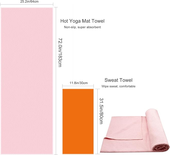 Hot Yoga Towel with Dense Silicone Grip Dot,Soft Waffle Fiber Yoga Mat Towel Non Slip,72'' x 25'', Mat Size, Absorbent Sweat, Anti-Slip Exercise Savely,Bikram,Pilates Gear, with a Sweat Towel(Pink)