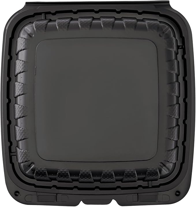 KARAT EARTH Clamshell Take Out Food Containers [8"x8" - 200 ct] To Go Containers | Microwavable, Freezer Safe, Soak-Resistant, Durable, Stackable | Vented for Hot/Cold Foods, Black