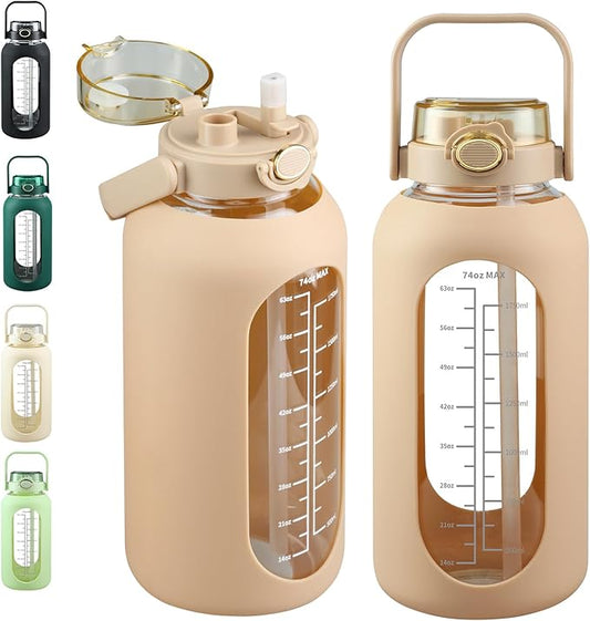 SIEROZUR 74oz Glass Water Bottle with Straw and Lid Large Gallon Water Jug with Silicone Sleeve and Handle 2.2 liter Wide Mouth Bottle with Time Marker for Gym Sports& Workout