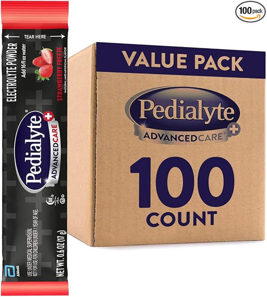 Pedialyte AdvancedCare Plus Electrolyte Powder, Has 33% More Electrolytes and PreActiv Prebiotics, Strawberry Freeze, 100 Powder Packet
