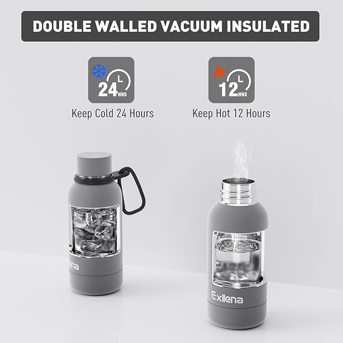Small Water Bottle 12oz with Clip, Double Wall Stainless Steel Vacuum Small Insulated Water Bottle Keeps Drinks Cold 24 Hrs/Hot 12 Hrs for Kids Handbag School BPA Free (Grey)