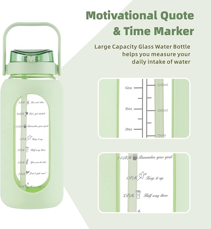 SIEROZUR 74oz Glass Water Bottle with Straw and Lid Large Gallon Water Jug with Silicone Sleeve and Handle 2.2 liter Wide Mouth Bottle with Time Marker for Gym Sports& Workout