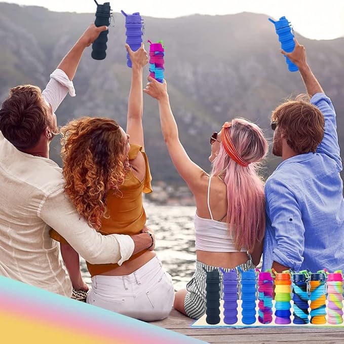 Collapsible Silicone Water Bottles 2 Pack - 500ml Portable Expandable Sport Bottle with Carabiner for Travel & Camping (Yellow Camouflage + Rose Red)