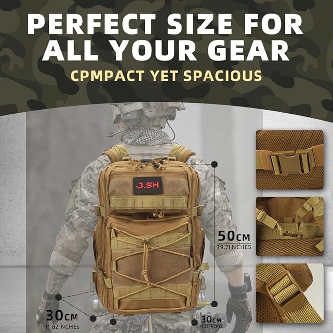 J.SH 45L Large Capacity 3-Day Tactical Backpack, Waterproof & Tear-Resistant, MOLLE System, Adjustable Straps (chest strap and waist strap), Hiking Backpack for Men & Women - Khaki