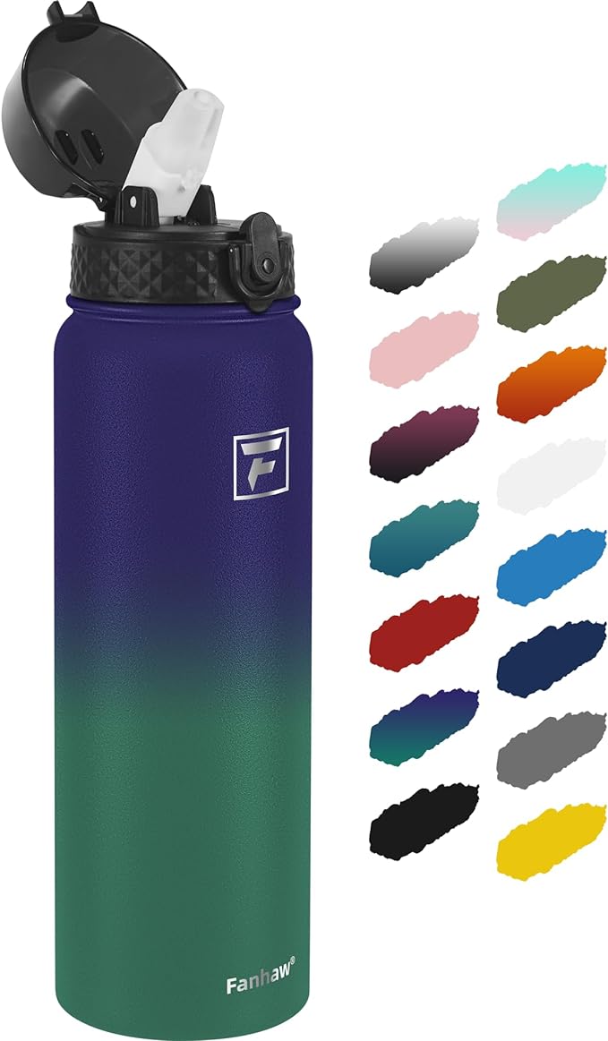 Fanhaw 32 Oz Stainless Steel Insulated Sports Water Bottles with Straw for Kids, Men and Women (Purple Green)