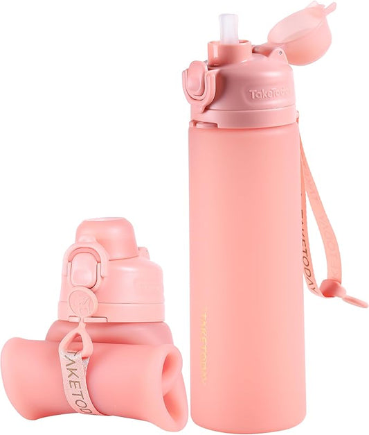 TakeToday Collapsible Water Bottles 20oz, Leak Proof, BPA-Free, Foldable Silicone Travel Water Bottle with Straw Strap for Cycling, Hiking, Outdoors
