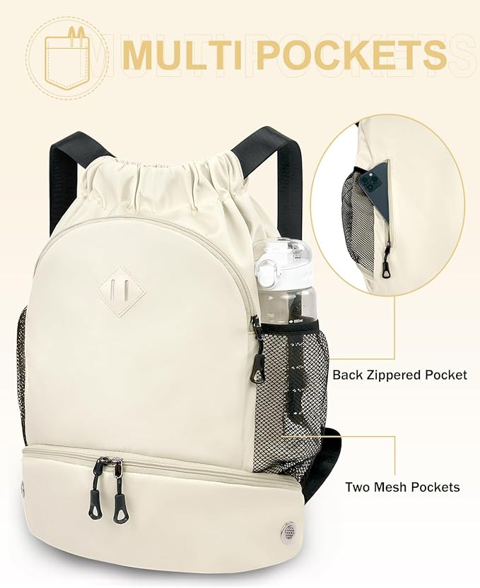 Drawstring Backpack Gym Backpack with Shoe Compartment for Men Women String Sports Bag with Wet Pocket Cinch Swim Beach Bag, Beige (Patent Pending)