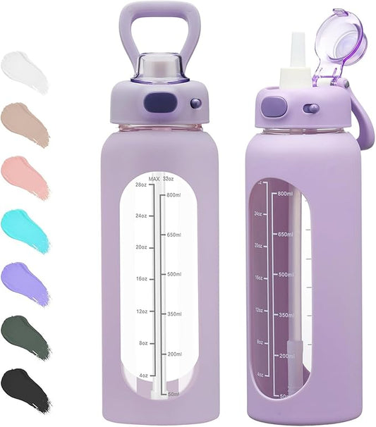 SIEROZUR 32 Glass Water Bottle with Straw and Handle Motivational Water Bottles with Silicone Sleeve and Time Marker Leakproof Borosilicate Water Bottle for Gym Home Office