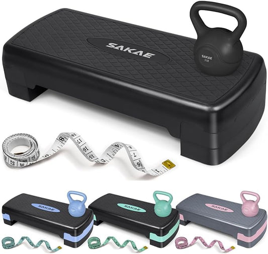 SAKAE Step Aerobics Platform Set with Kettlebell & Measuring Tape, Aerobic Steppers for Exercise at Home, Adjustable Height 2 Level Risers Workout Step Trainer with Non-Slip Surface, Multiple Colors