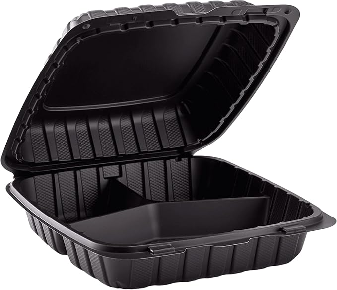 KARAT EARTH Clamshell Take Out Food Containers [9"x9" - 120 ct] To Go Containers | 3 Compartment, Soak-Resistant, Durable, Stackable | Vented for Hot/Cold Foods, Black