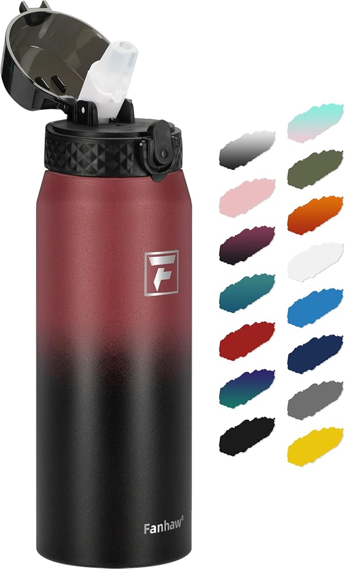 Fanhaw 24 Oz Stainless Steel Insulated Sports Water Bottles with Straw for Kids, Men and Women (Red Black)