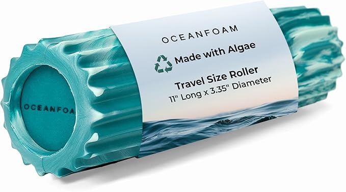 Oceanfoam Ripple Travel Foam Roller (11" x 3.35") Firm Mini Foam Roller for Physical Therapy, Deep Tissue Massage, Back Pain - High Density, Wave Textured - Yoga, Exercise (Jade & Seafoam Marbled)