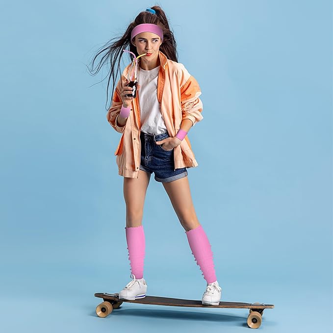 Hillban 4 Set 80s Leg Warmer Workout Set Women Men Neon Headband Rainbow Wristband Outfit Halloween 80s 90s Accessories