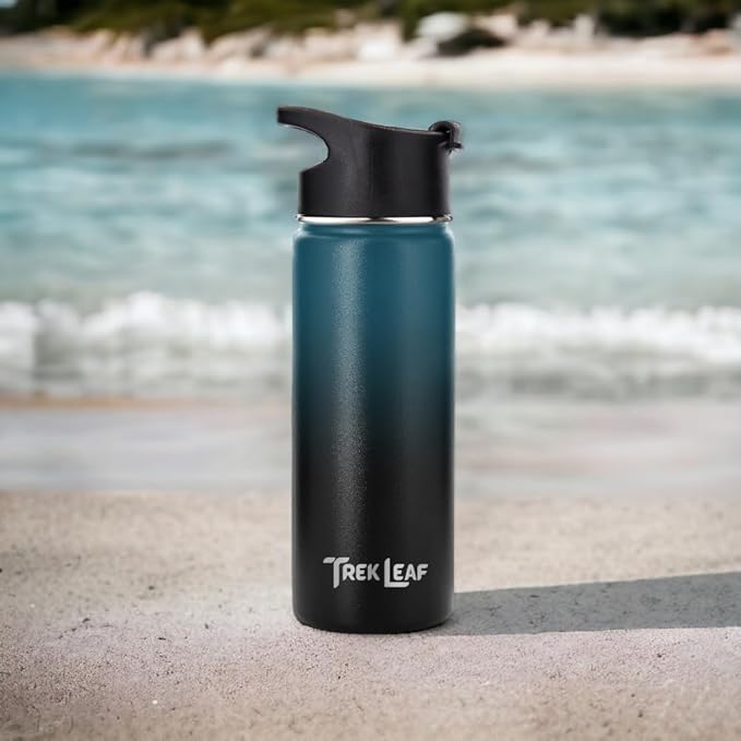 Travel Water Bottle with 3 Lids (Spout, Straw, Flip) Leak Proof, Quality, Vacuum Insulated, Stainless Steel (Cascade Shadow, 18 oz)