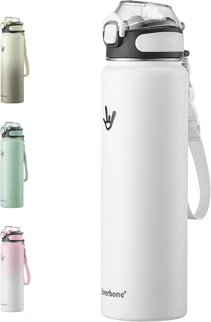 Enerbone 32 oz Insulated Water Bottle, Stainless Steel Bottle with Carrying Strap, Double-Wall Vacuum Insulation Design, Leakproof Sports Bottle with Straw, Keep Drinks Cold or Hot for Hours