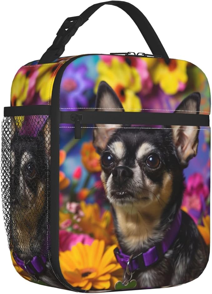 Insulated Lunch Box for Women Men, Chihuahua Dog Floral Lunch Box Reusable Portable Lunch Bag Cooler Tote Waterproof Lunch Container for Office Picnic Work Travel Hiking