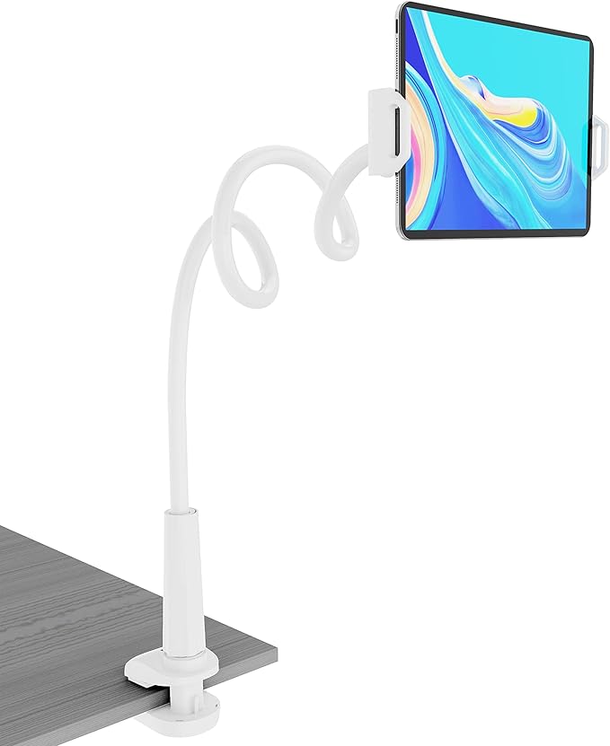 Tablet Stand Holder, Mount Holder Clip with Grip Flexible Long Arm Gooseneck Compatible with ipad iPhone/Nintendo Switch/Samsung Galaxy Tabs/Amazon Kindle Fire HD (New White)