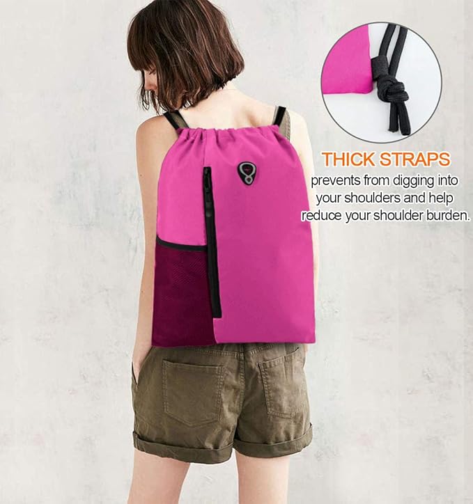 BeeGreen Pink Cinch Sack Drawstring Backpack For Women With Water Bottle Pocket &Two Zippered Pocket Large Sports Gym Sackpack For Traveling Yoga Beach Outdoor