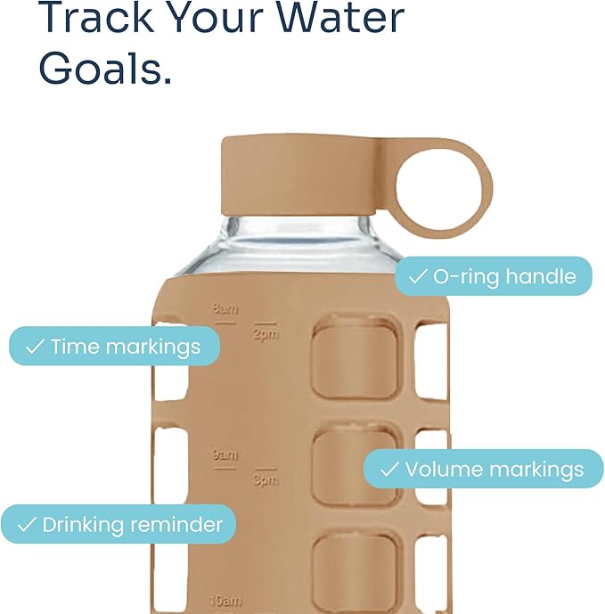 purifyou 40oz / 32oz / 22oz / 12oz Borosilicate Glass Water Bottle with Time & Volume Markers, Silicone Sleeve, Stainless Steel Lid | Reusable Glass Bottle for Water & Juice (40oz Iced Coffee)