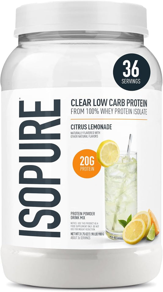 Isopure Clear Whey Isolate Protein Powder Infusions, Lactose Free, Gluten Free, Naturally Flavored, Citrus Lemonade, 20g Protein Per Serving, 1.9 Lb, 36 Servings