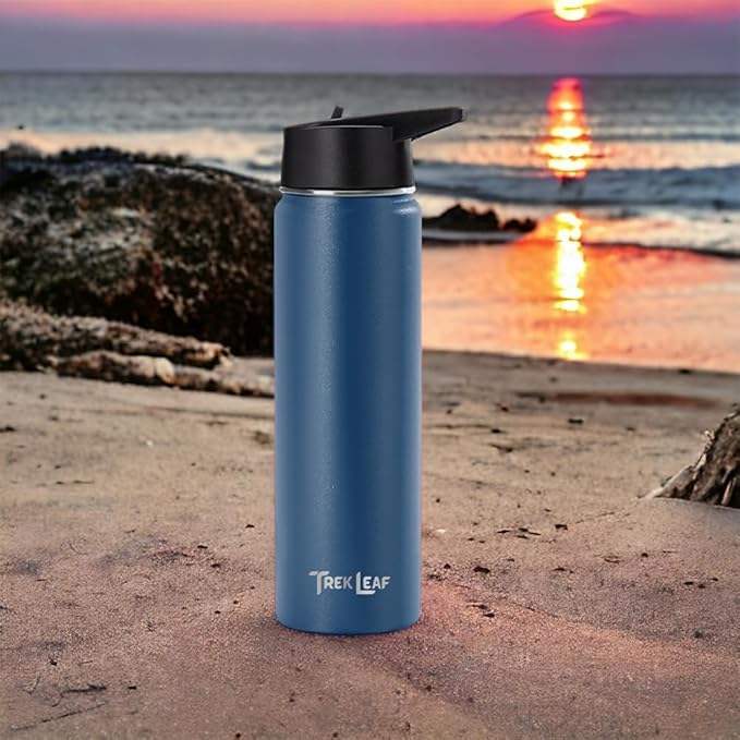Travel Water Bottle with 3 Lids (Spout, Straw, Flip) Leak Proof, Quality, Vacuum Insulated, Stainless Steel (Navy Blue, 22 oz)
