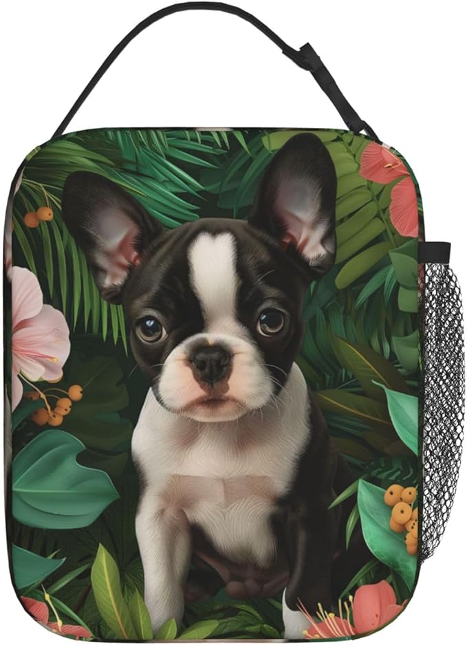 Cute Dog Lunch Box for Kids,Puppy Insulated Bag for Student,Pet Lovers Reusable Thermal Insulation Cooler Tote Bags for School Work Picnic Camping Outdoor Gifts (Boston Terrier and Lush Floral)