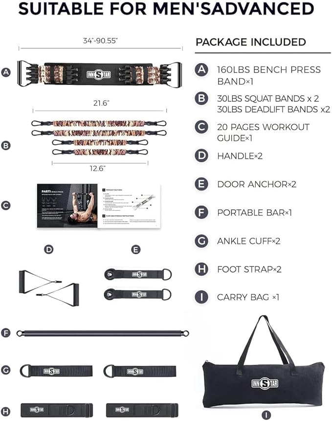 INNSTAR Resistance Bands Bar Exercise Bands Attachment 38" Black Max Load 800lb for Home Gym Workout Full Body Workout Power Lifting Fitness Bar