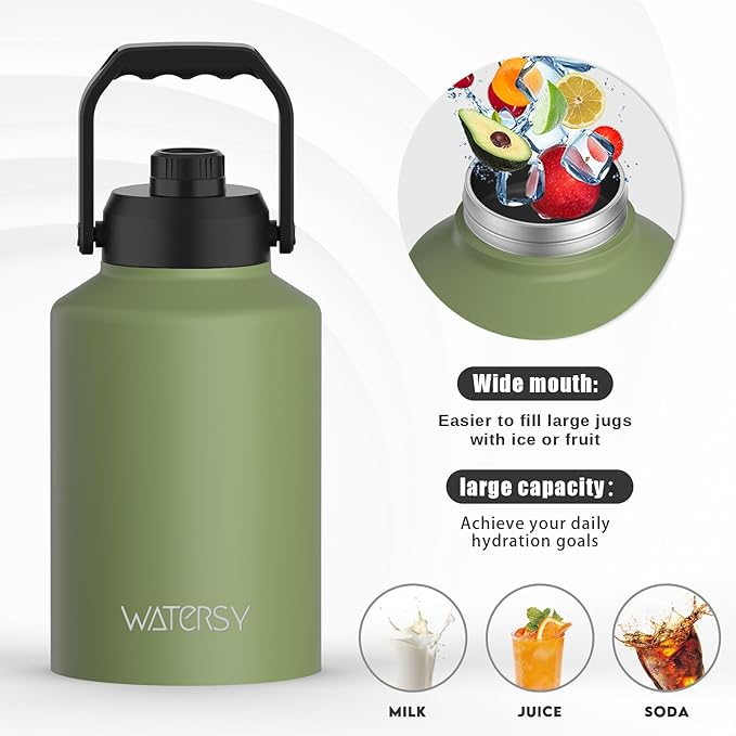 Half Gallon Water Bottle Insulated(Cold for 48 Hrs),BPA Free&Leak Proof,64oz Stainless Steel Water Jug/Flask,Big thermo,Large Water Bottle with Handle for Gym,Hiking,Camping,Olive Green