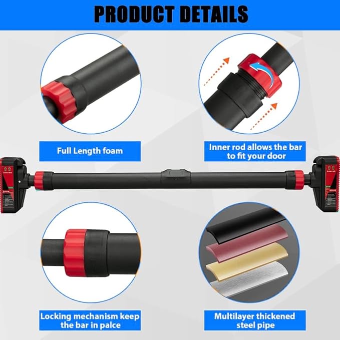 Pull Up Bar for Doorway - Adjustable No Screws Chin Up Bar for Home Gym, 440 LBS Max Load, with Level Meter & Anti-Slip Design for Strength Training