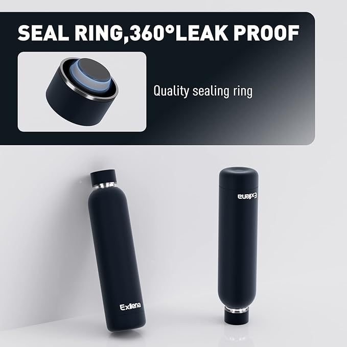 Slim Insulated Water Bottles for Travel 25oz with Clip, Double Wall Vacuum Stainless Steel Water Bottle Keeps Drinks Cold 24 Hrs/Hot 12 Hrs, 100% Leakproof, BPA Free(Black)