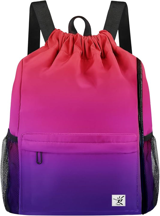 Drawstring Backpack with Mesh Pockets String Gym Bag Sackpack Sandproof Water Resistant Beach Backpack for Men Women