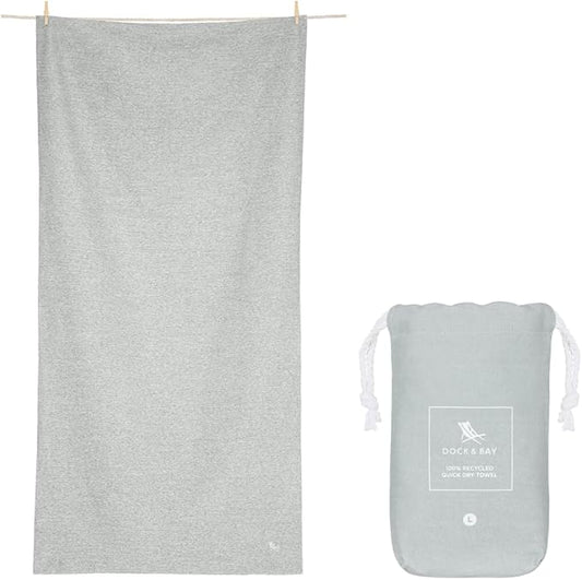 Dock & Bay Beach Towel - Quick Dry, Sand Free - Compact, Lightweight - 100% Recycled - Includes Bag - Essential - Mountain Grey - Extra Large (200x90cm, 78x35)