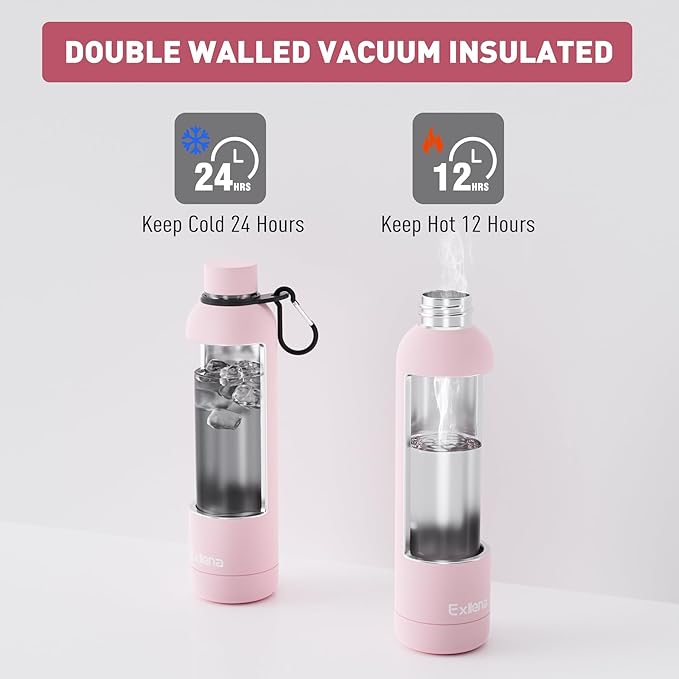 Slim Insulated Water Bottles for Travel 32oz with Clip, Double Wall Vacuum Stainless Steel Water Bottle Keeps Drinks Cold 24 Hrs/Hot 12 Hrs, 100% Leakproof, BPA Free(Pink)