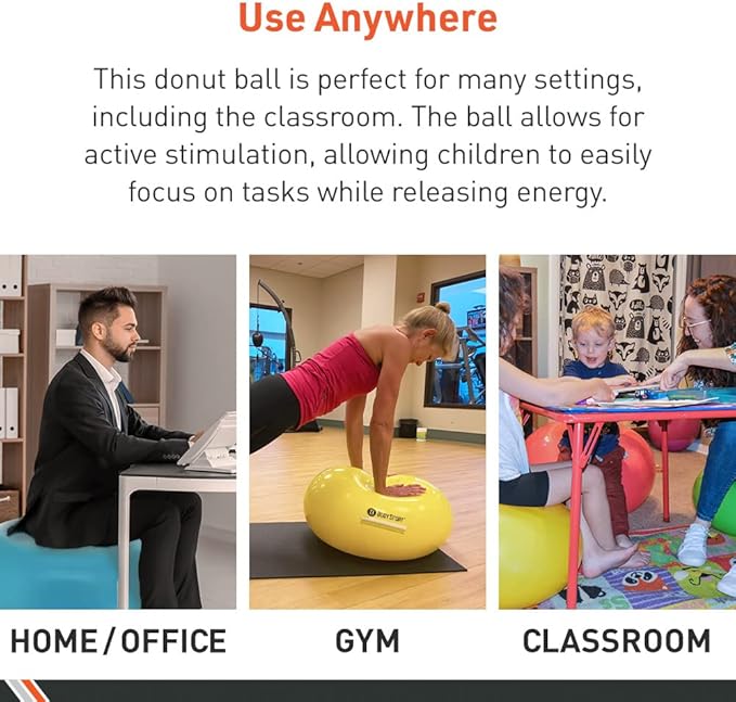 Body Sport Donut Ball – Durable, Inflatable Exercise Ball for Balance & Stability Training, Yoga, & Pilates Workouts – Use in Home, Office, Gym, or Classroom