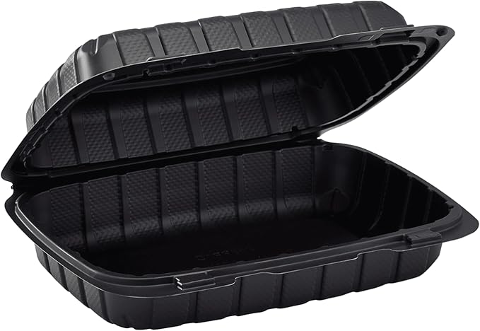 KARAT EARTH Clamshell Take Out Food Containers [9"x6" - 250 ct] To Go Containers | Microwavable, Freezer Safe, Soak-Resistant, Durable, Stackable | Vented for Hot/Cold Foods, Black