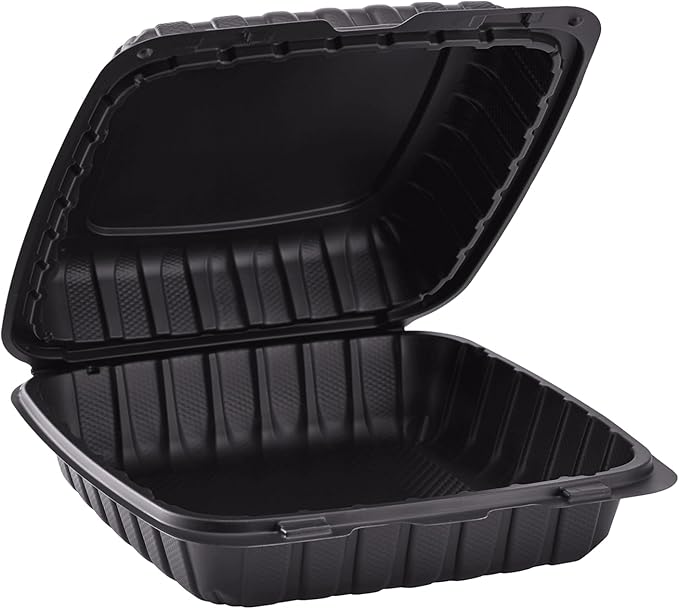 KARAT EARTH Clamshell Take Out Food Containers [9"x9" - 120 ct] To Go Containers | Microwavable, Freezer Safe, Soak-Resistant, Durable, Stackable | Vented for Hot/Cold Foods, Black