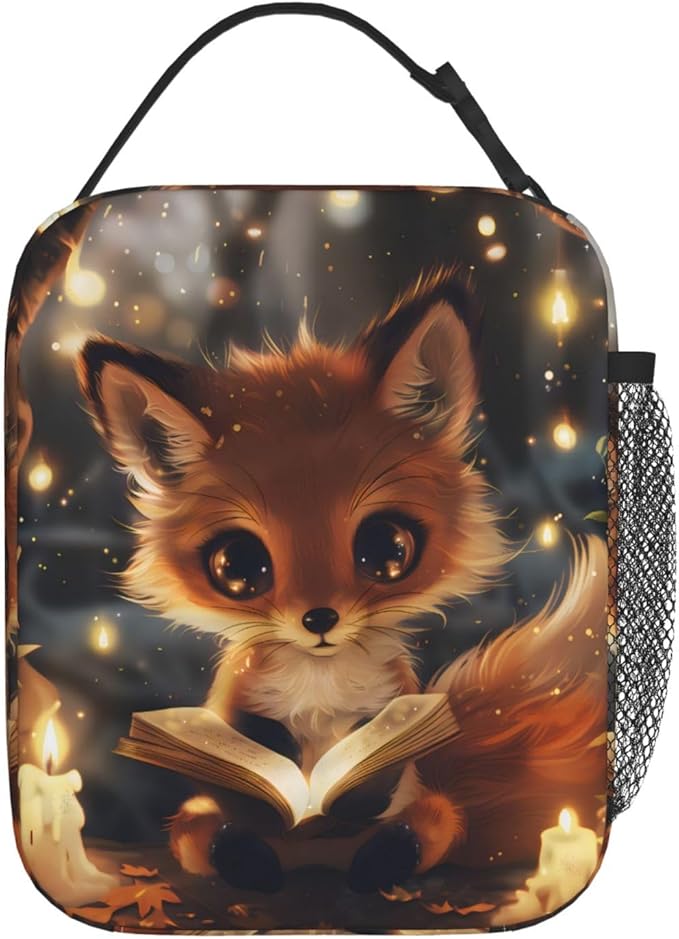 Fox Polyester Lunch Box for Kids Teen,Cute Reusable Thermal Lunch Bag for Adult Women,Animal Insulated Tote Cooler Bags for School,Work,Picnic,Travel,Magical Book-Loving Theme