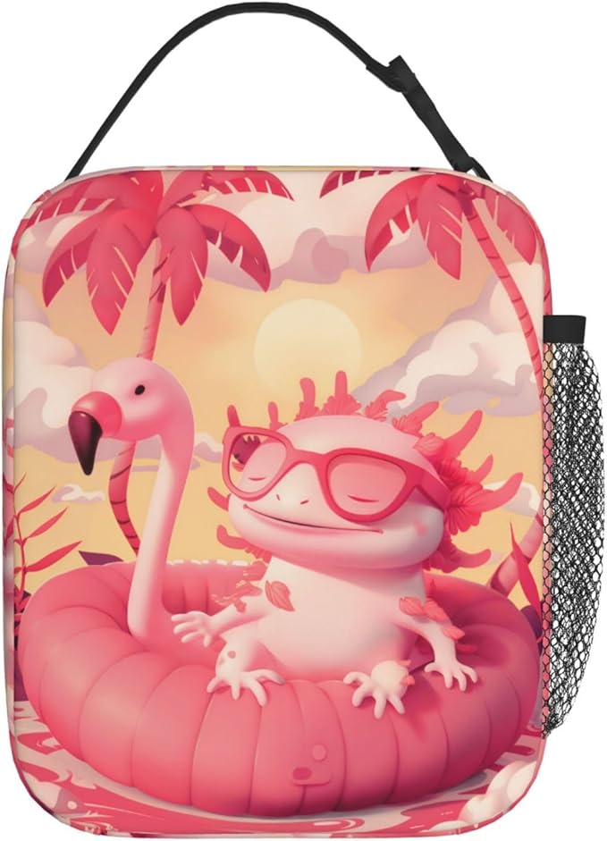 Insulated Lunch Box for Women Men, Flamingo Axolotl Theme Lunch Box Reusable Portable Lunch Bag Cooler Tote Waterproof Lunch Container for Office Picnic Work Travel