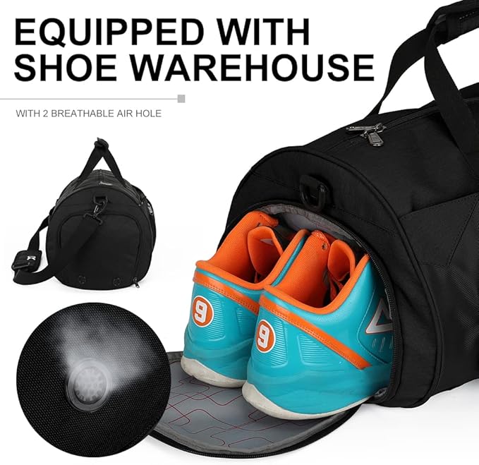 INOXTO Small Sports Gym Bag，Travel Duffel Bag with Dry Wet Pocket and Shoes Compartment for Women and Men，35L Waterproof Weekender Fitness bag For Swim Sports Travel Working Out (black)