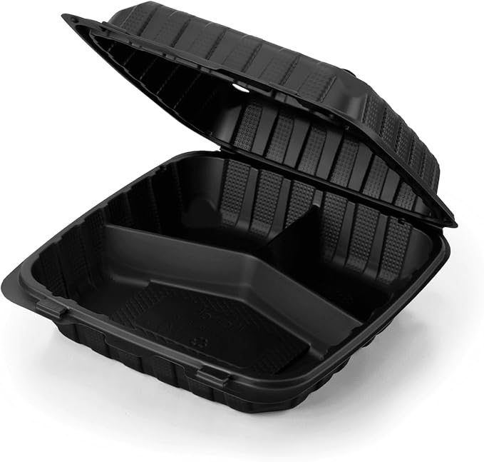 KARAT EARTH Clamshell Take Out Food Containers [9"x9" - 120 ct] To Go Containers | 3 Compartment, Soak-Resistant, Durable, Stackable | Vented for Hot/Cold Foods, Black