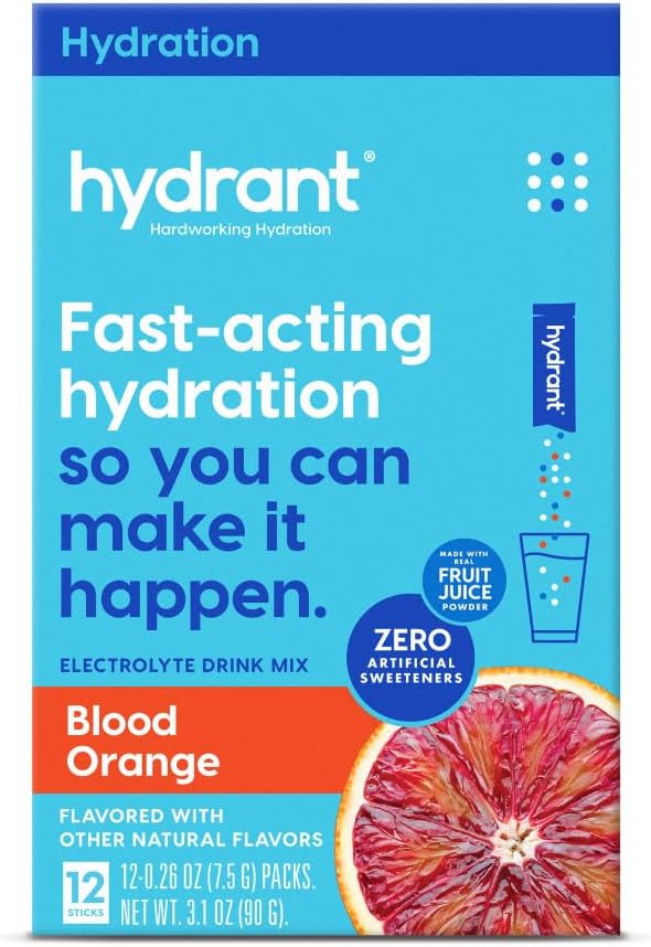 Hydrant - Hydrate Electrolyte Powder, Blood Orange Flavor, 12 Rapid Hydration Individual Stick Packs - Low Sugar Drink Mix for Daily Use, Travel & Workouts