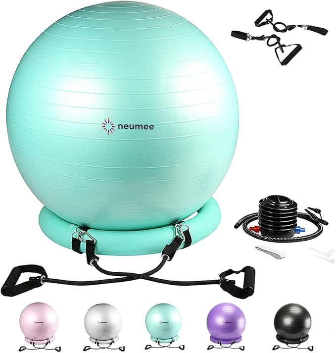 Exercise Ball Chair with Resistance Bands, Yoga Ball Office Chair with Stability Base for Home Gym, Workout Ball for Fitness, Large Size 65 cm