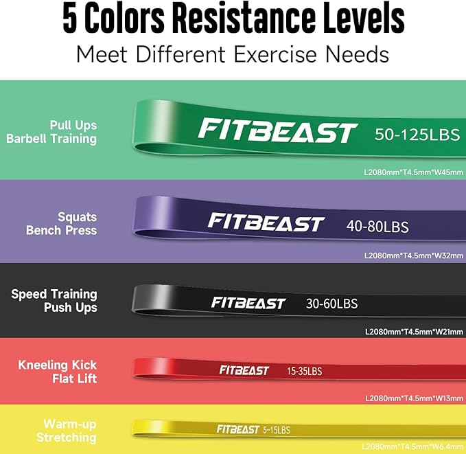 FitBeast Resistance Bands Set, 6 Different Levels, Pull Up Assist Bands for Strength Training, Crossfit, Powerlifting, Muscle Toning, Yoga, Mobility Exercises, Rehabilitation, Full-Body Workout