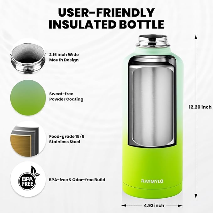 Insulated Water Bottle 87 oz, Triple Wall Vacuum Stainless Steel (Cold for 48 Hrs), Leak Proof & Non-BPA, Modern Water Flask Jug with Paracord Handle & Straw Spout Lids, Ombre Green