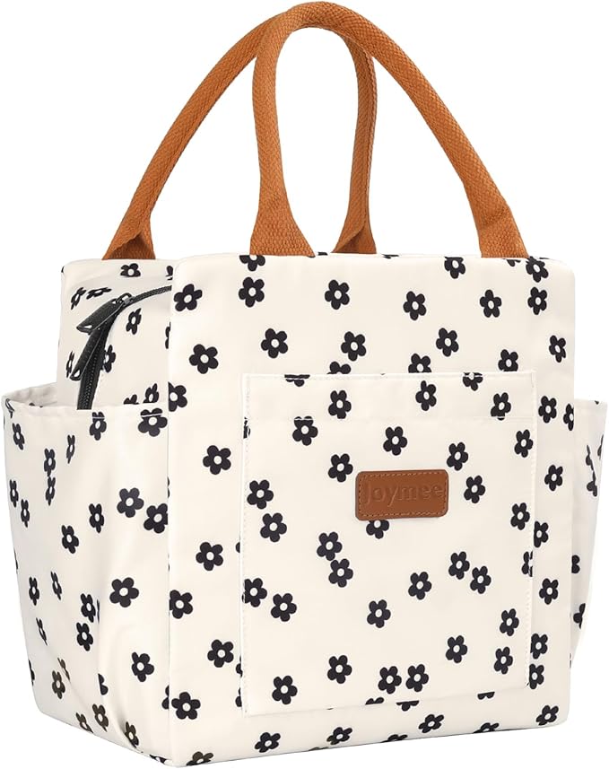 Joymee Lunch Bag Women Insulated Lunch Box Reusable Leakproof Large Spacious Cooler Tote for Women Men Adult with Bottle Holder and Side Pockets for Work Office Travel Picnic - Black Little Floral