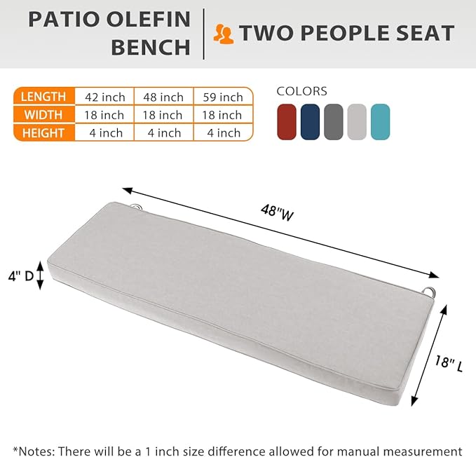 Sundale Outdoor Olefin Bench Cushion， Water-Resistant Patio Couch Cushion, Loveseat Sofa Pad with Straps Light Gray, 48 x 18 x 4 Inches