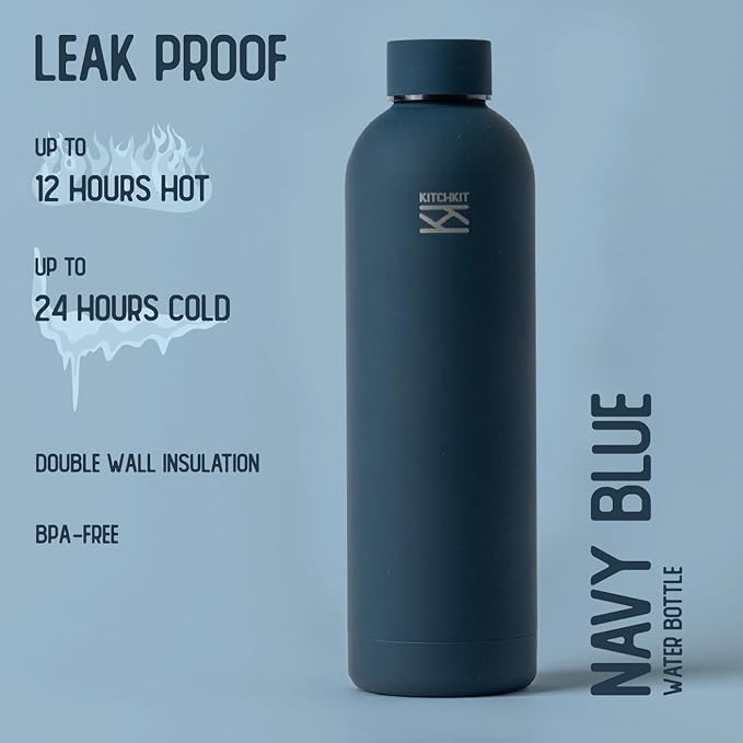 Insulated Stainless Steel Water Bottle 25oz/750ml Vacuum Flask, Leak-Proof Lid, Hot & Cold Retention, Minimalist White Design, Reusable Eco Bottle (Navy Blue)